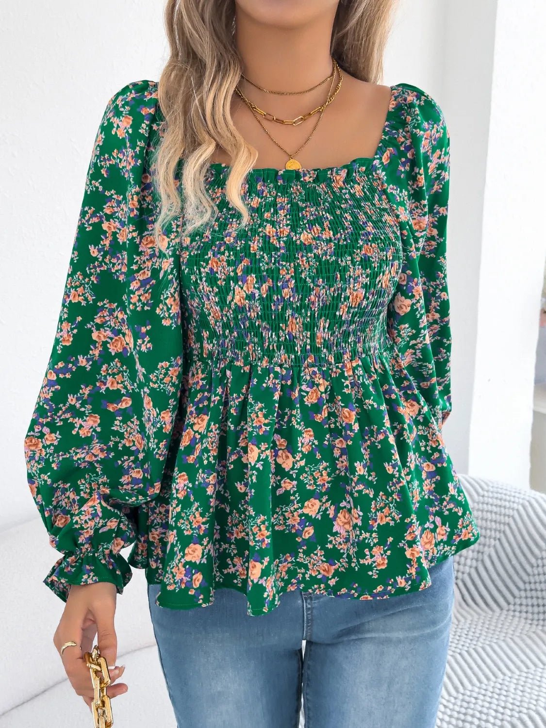 Floral Square Neck Flounce Sleeve Blouse - Lookzlike