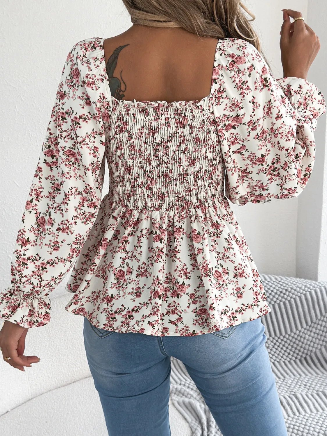 Floral Square Neck Flounce Sleeve Blouse - Lookzlike