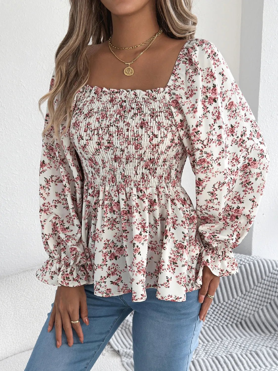 Floral Square Neck Flounce Sleeve Blouse - Lookzlike