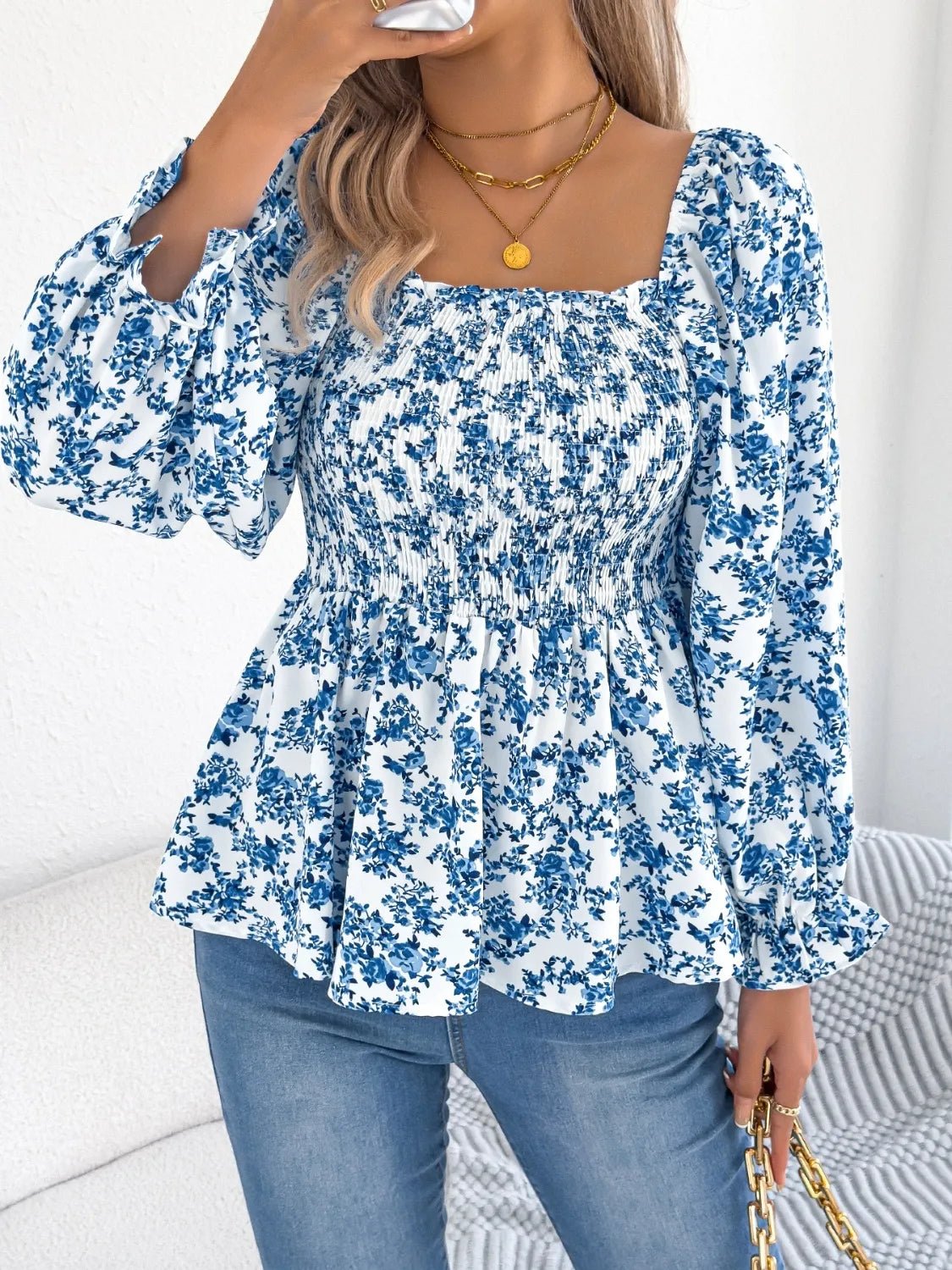 Floral Square Neck Flounce Sleeve Blouse - Lookzlike