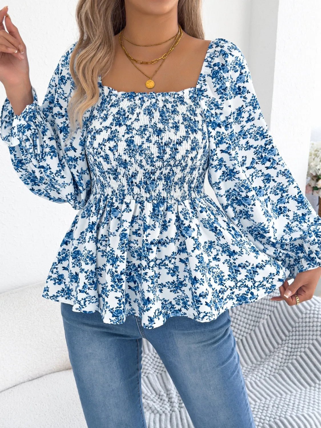 Floral Square Neck Flounce Sleeve Blouse - Lookzlike