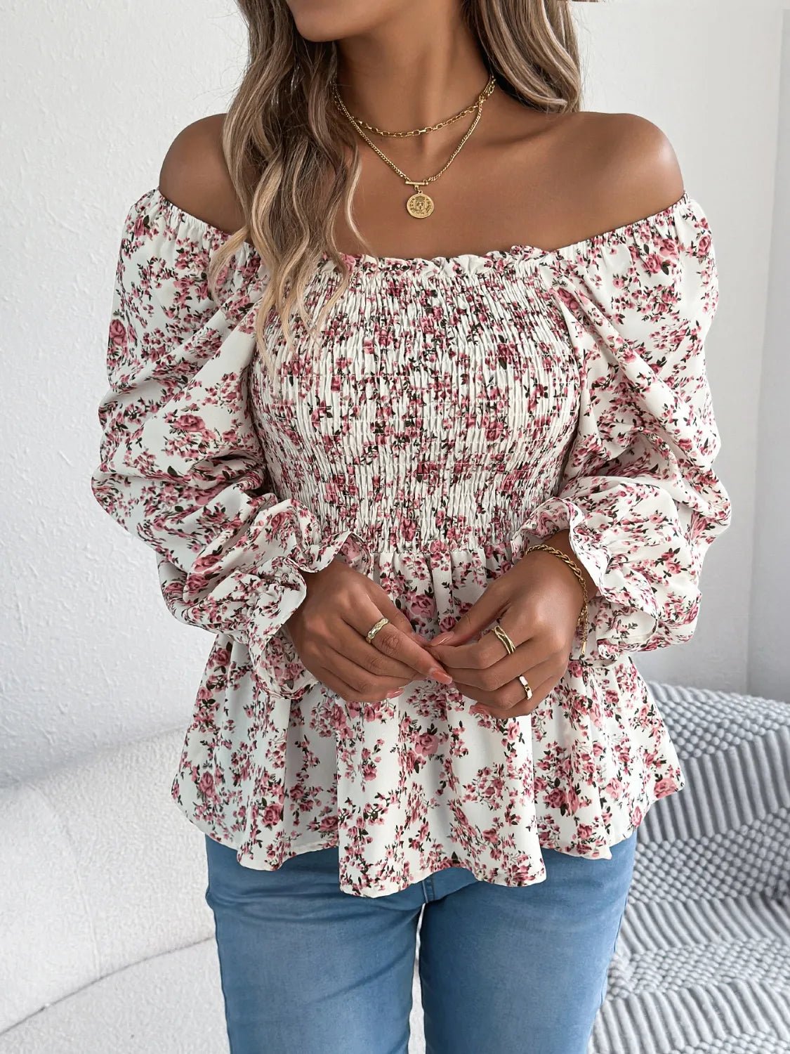 Floral Square Neck Flounce Sleeve Blouse - Lookzlike