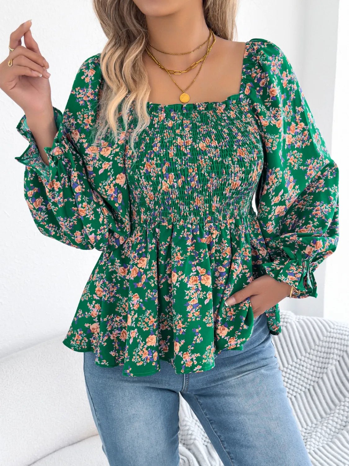 Floral Square Neck Flounce Sleeve Blouse - Lookzlike