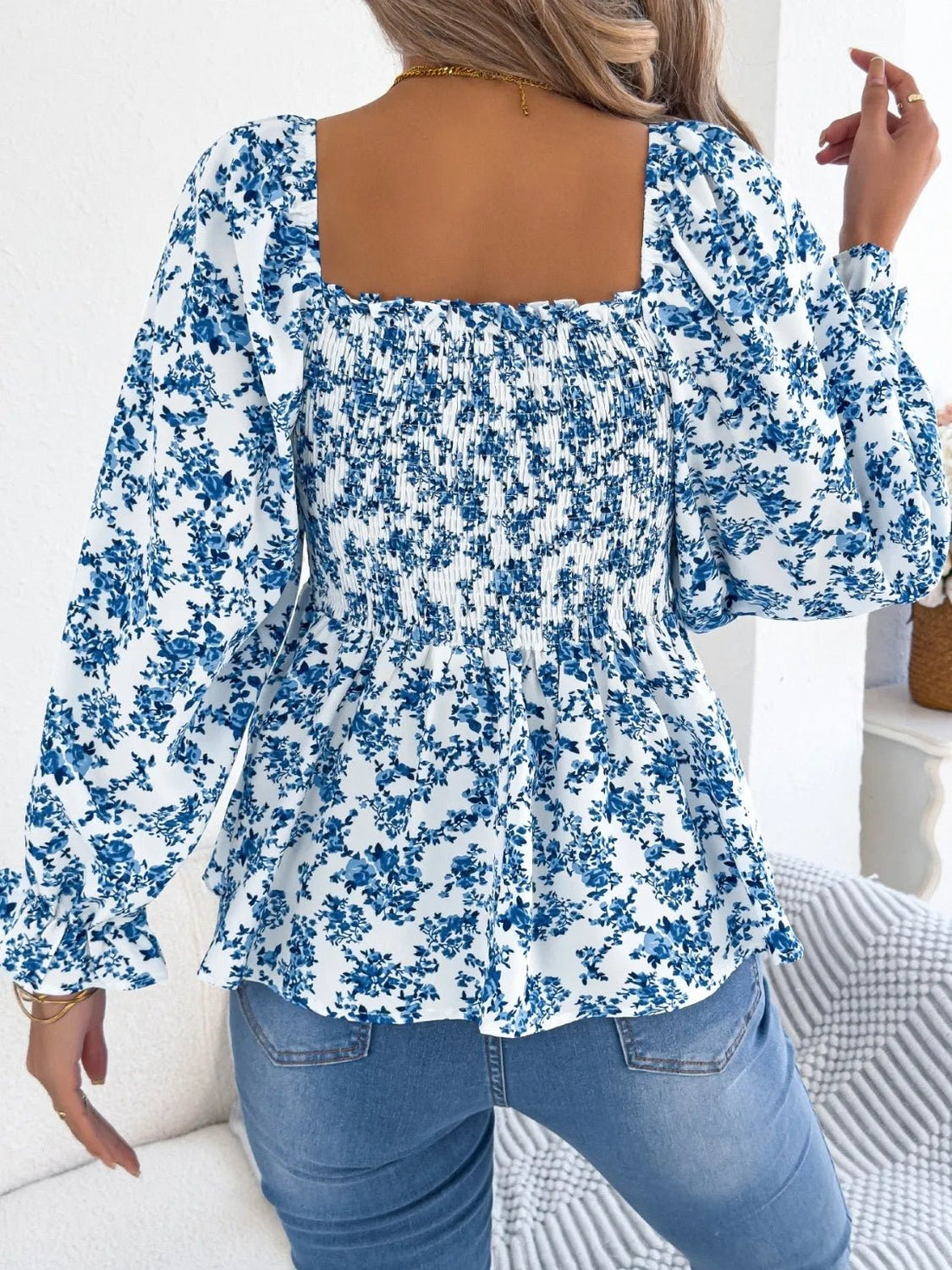 Floral Square Neck Flounce Sleeve Blouse - Lookzlike