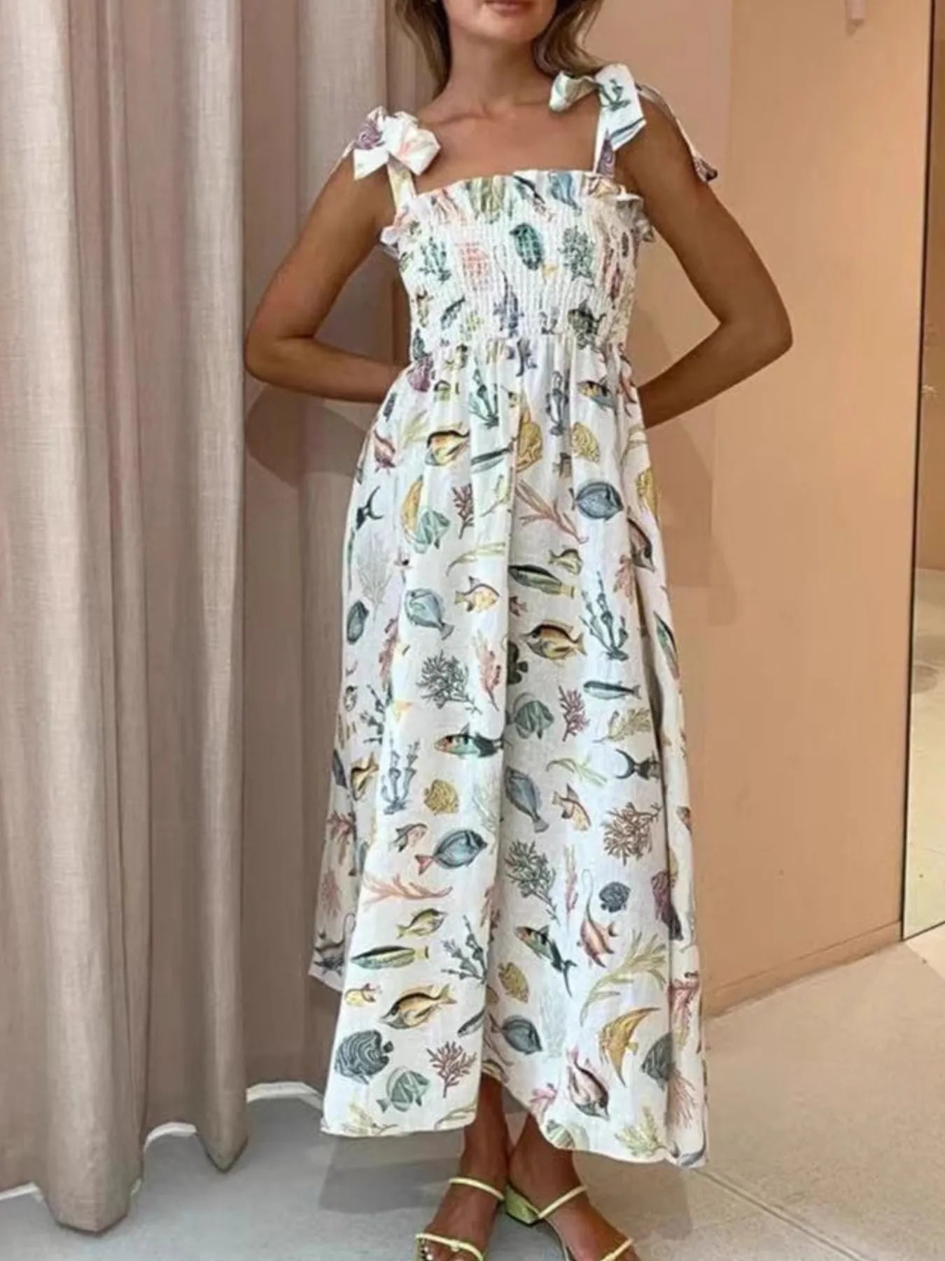 Floral Tie Shoulder Smocked Bodice Summer Dress - Lookzlike
