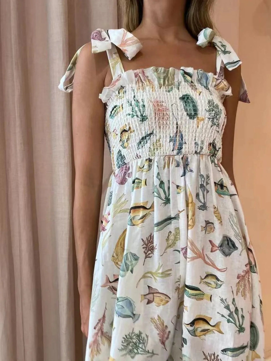 Floral Tie Shoulder Smocked Bodice Summer Dress - Lookzlike