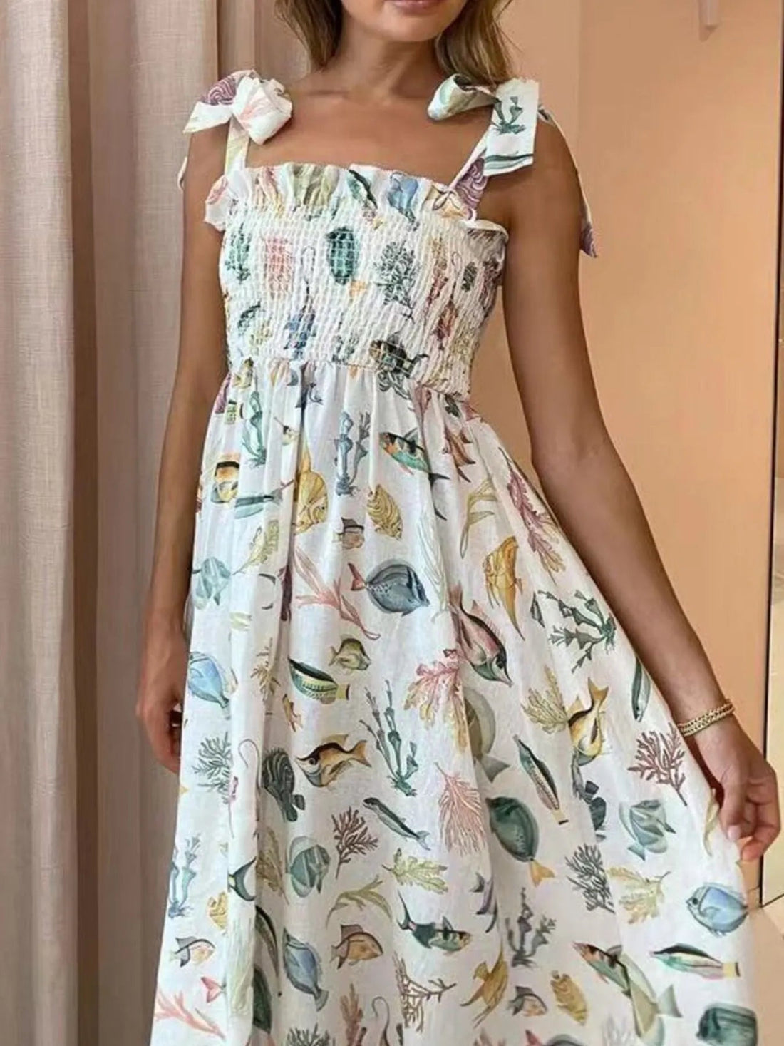 Floral Tie Shoulder Smocked Bodice Summer Dress - Lookzlike
