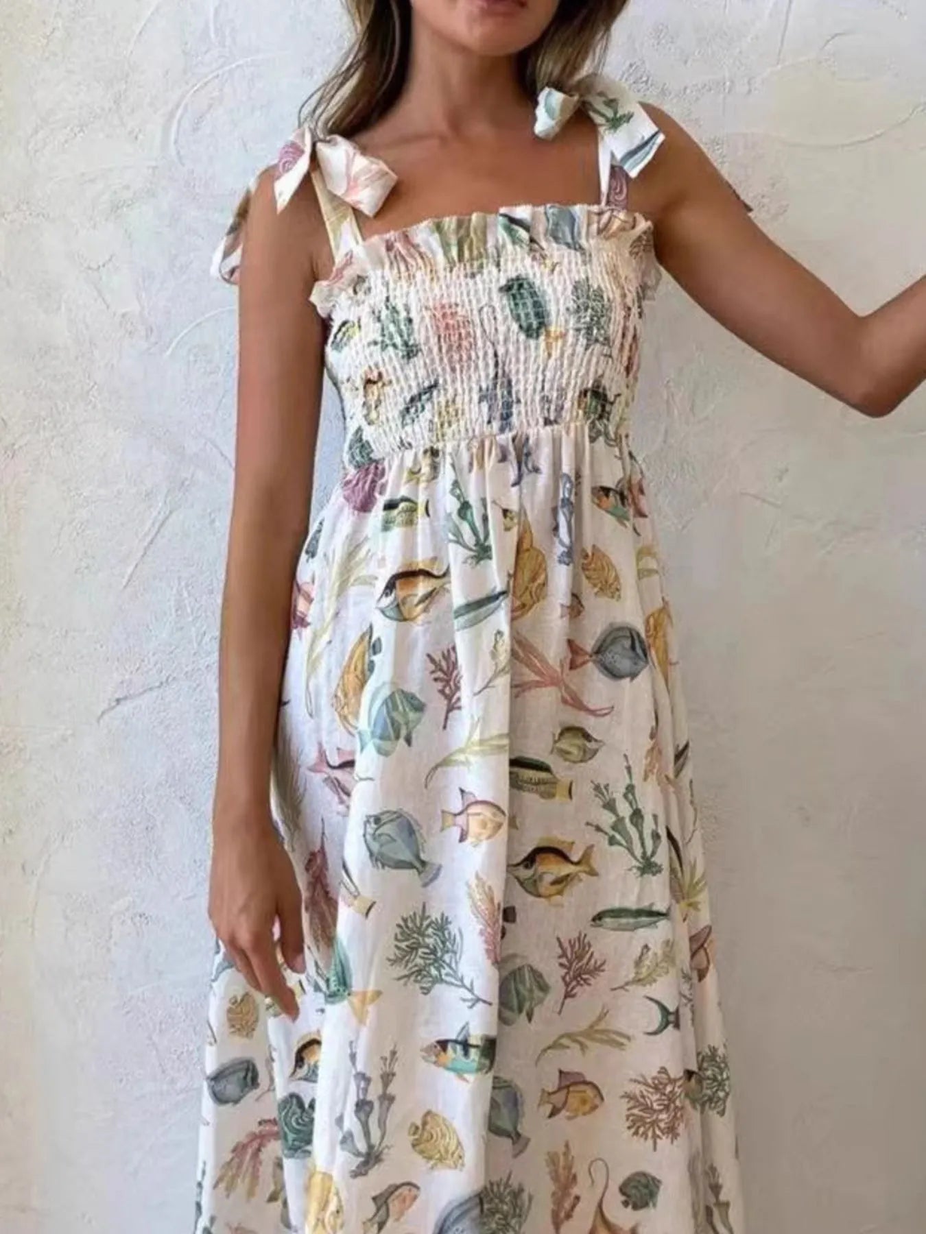 Floral Tie Shoulder Smocked Bodice Summer Dress - Lookzlike