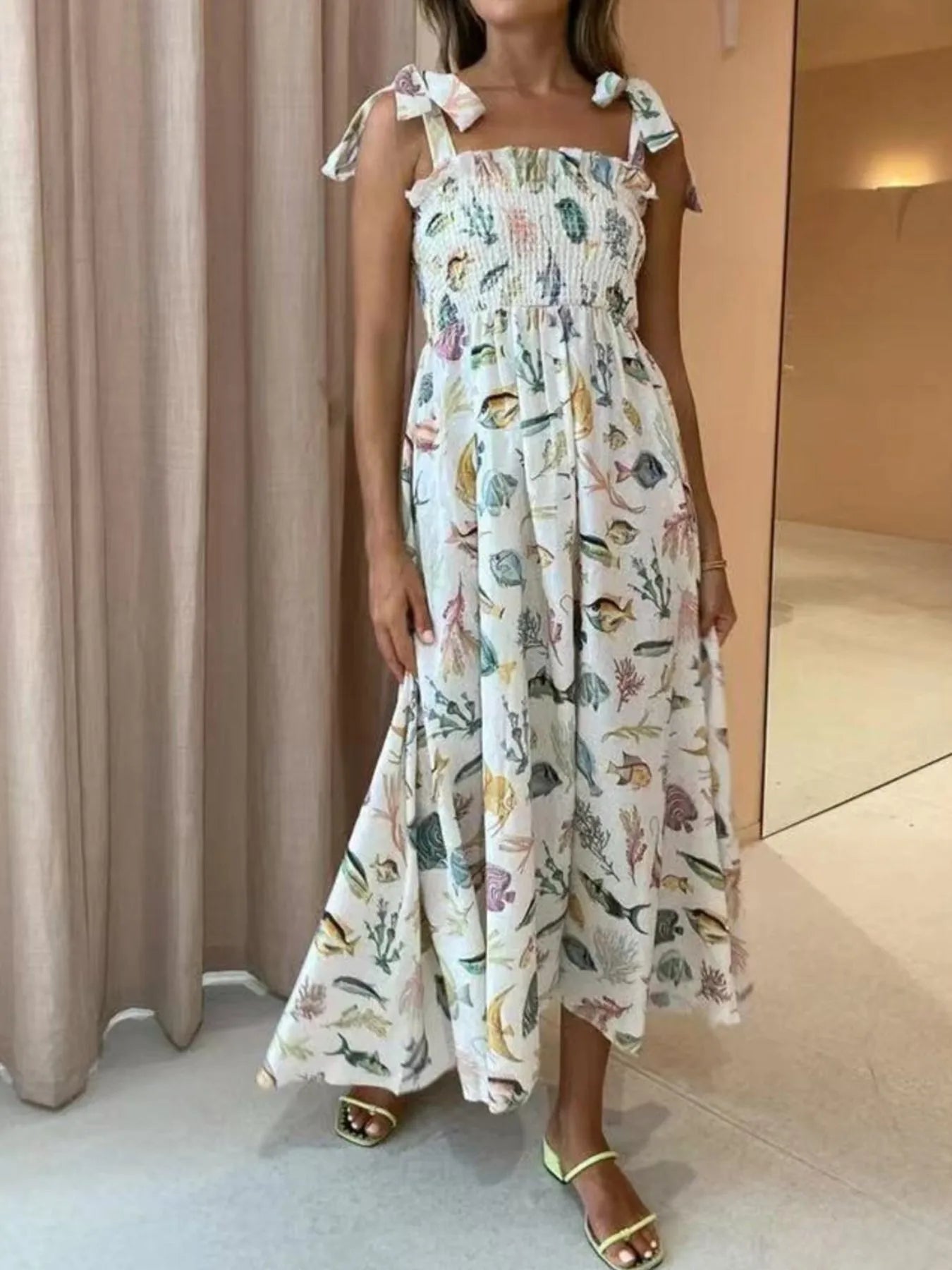 Floral Tie Shoulder Smocked Bodice Summer Dress - Lookzlike