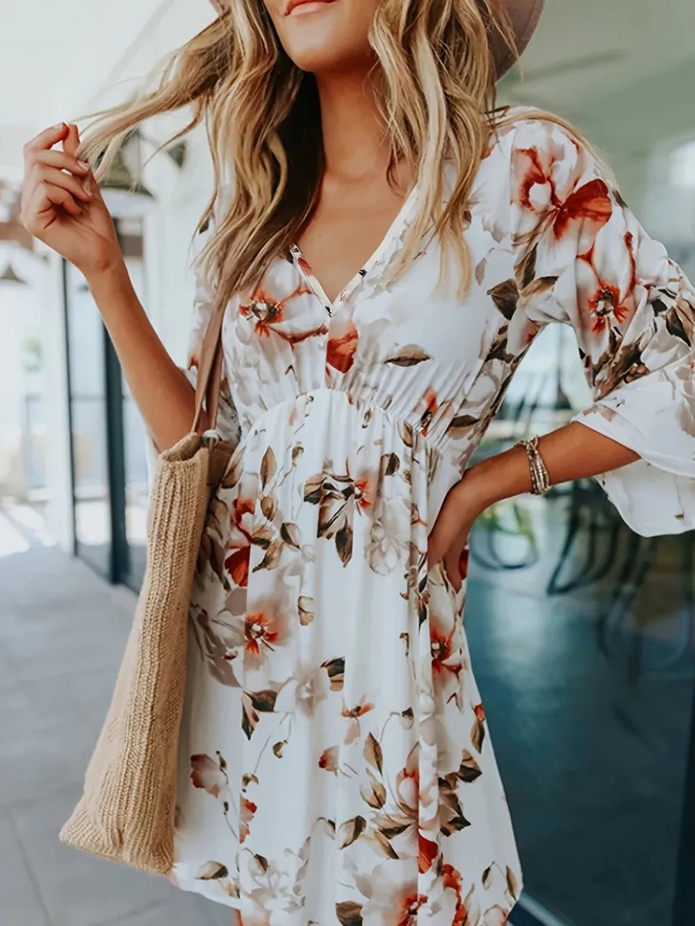 Floral V-Neck Three-Quarter Sleeve Mini Dress - Lookzlike