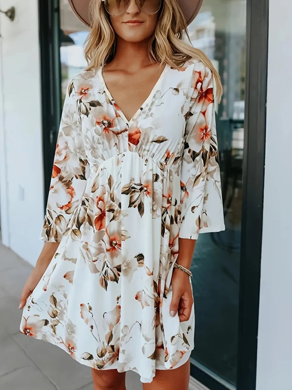 Floral V-Neck Three-Quarter Sleeve Mini Dress - Lookzlike