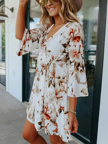 Floral V-Neck Three-Quarter Sleeve Mini Dress - Lookzlike