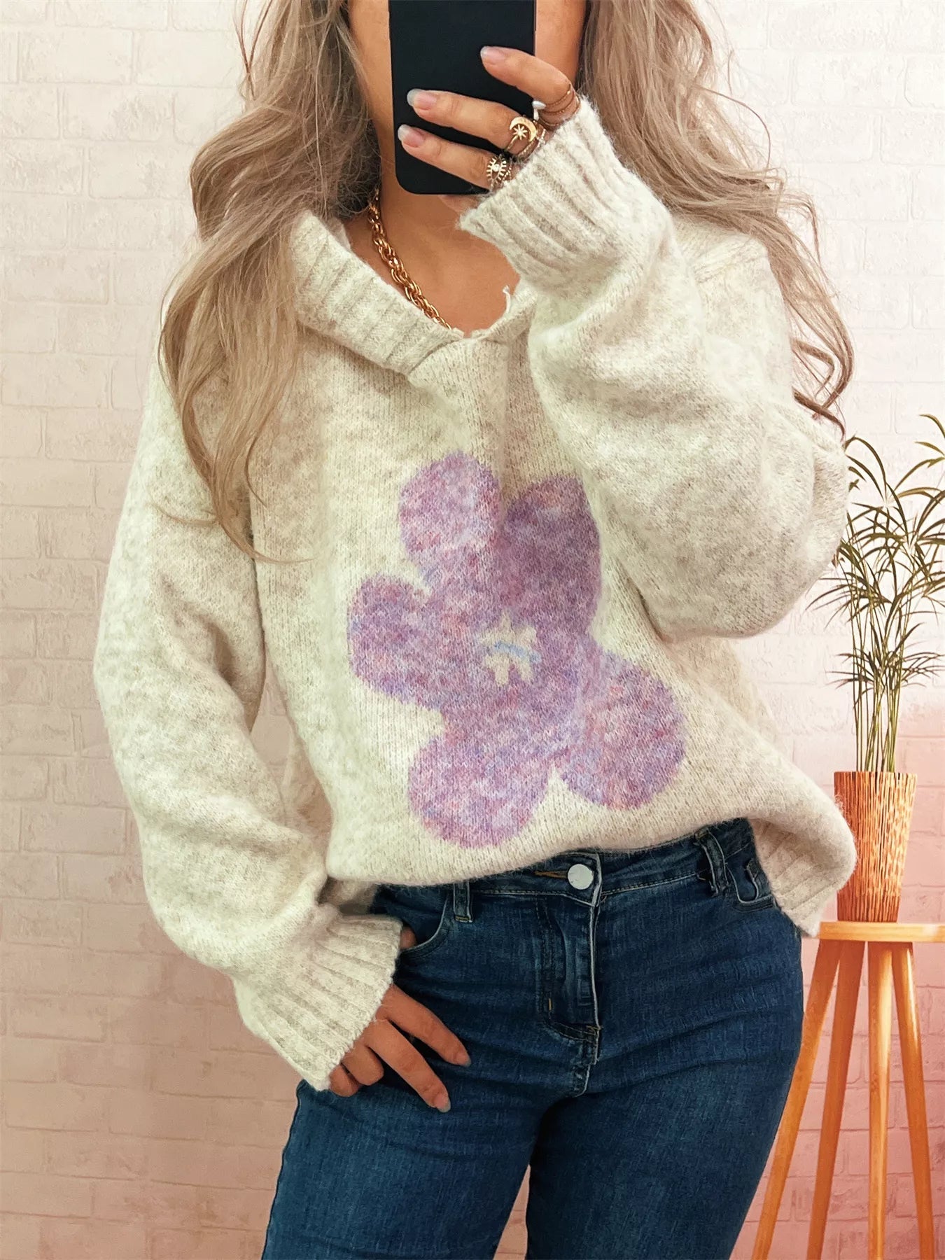 Flower Long Sleeve Hooded Sweater designed for comfort and style at Lookzlike