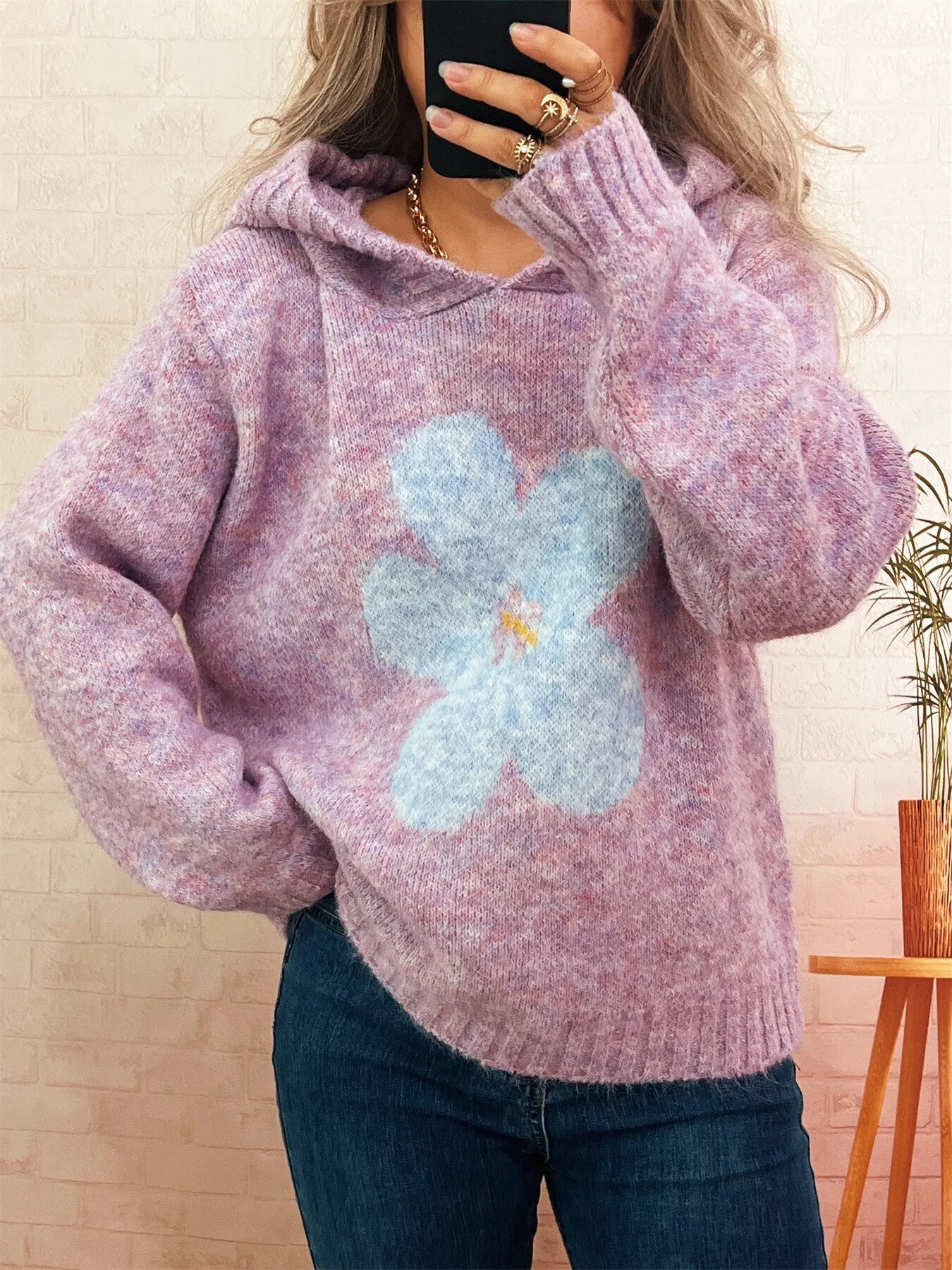 Flower Long Sleeve Hooded Sweater designed for comfort and style at Lookzlike