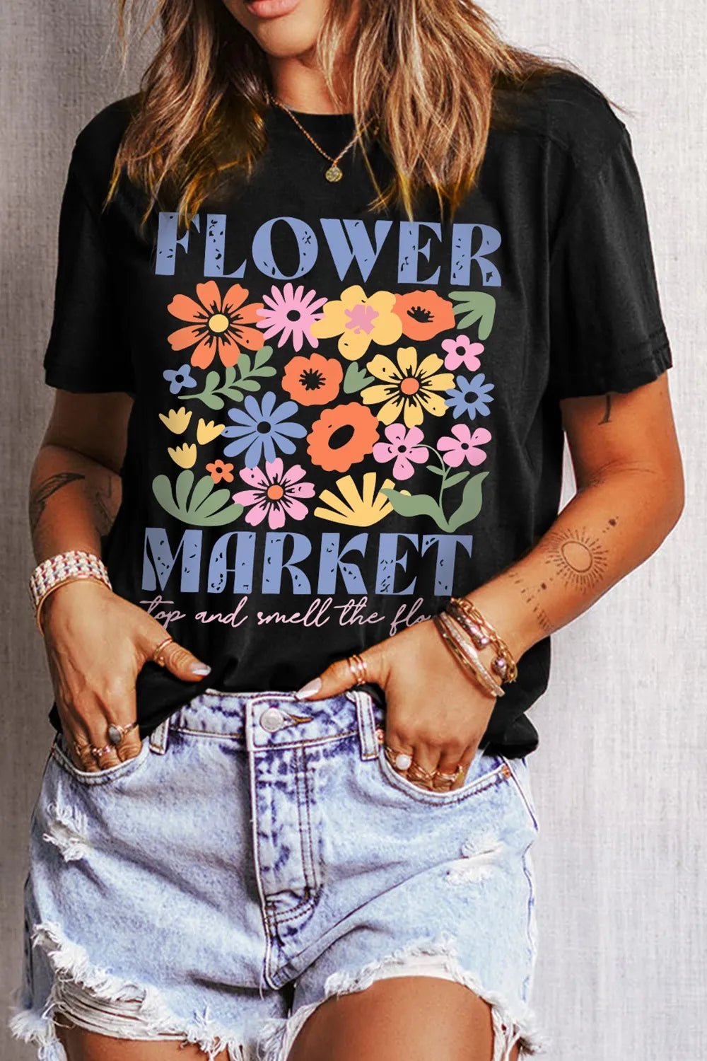 Flower Market Graphic Round Neck T-Shirt - Lookzlike