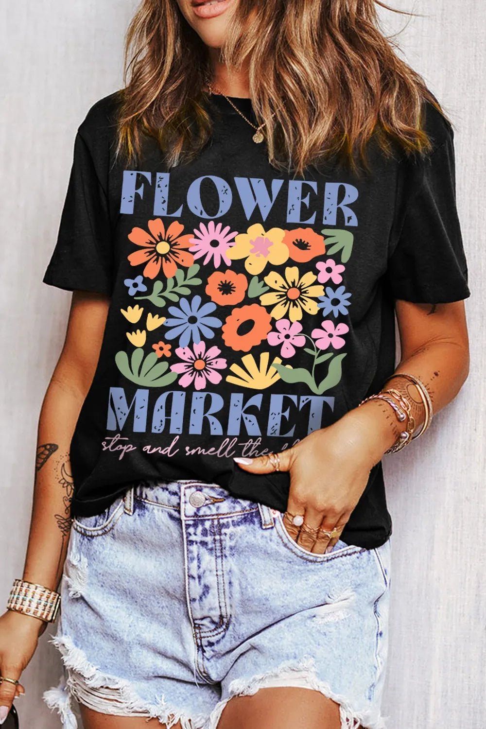 Flower Market Graphic Round Neck T-Shirt - Lookzlike