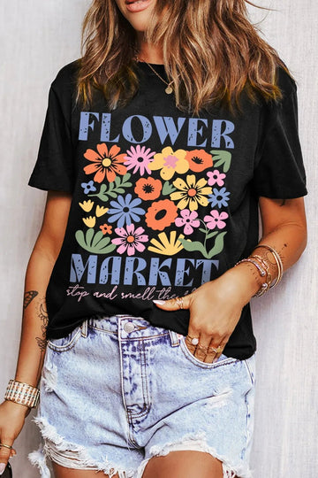Flower Market Graphic Round Neck T-Shirt - Lookzlike