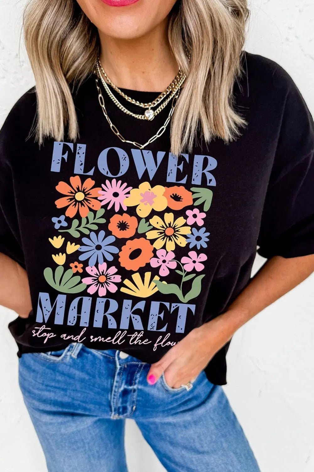 Flower Market Graphic Round Neck T-Shirt - Lookzlike