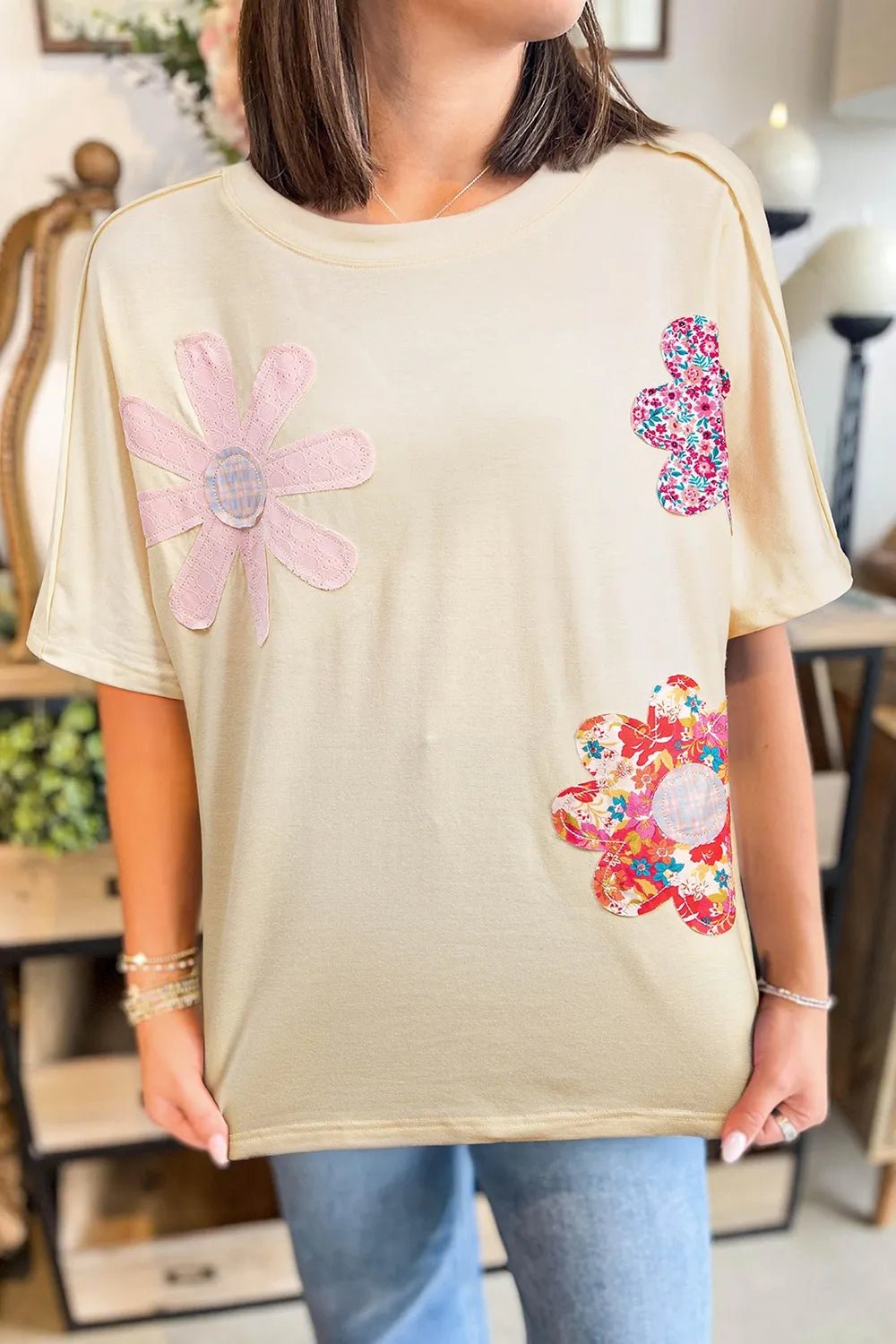 Flower Patched Exposed Stitching Trim Crew Neck Loose Tee - Lookzlike