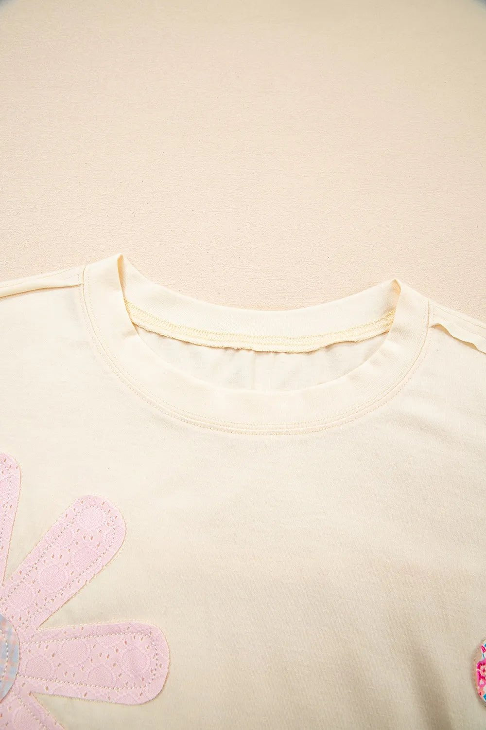 Flower Patched Exposed Stitching Trim Crew Neck Loose Tee - Lookzlike