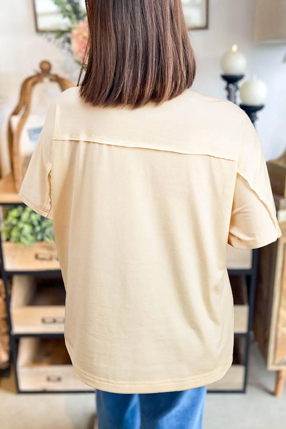 Flower Patched Exposed Stitching Trim Crew Neck Loose Tee - Lookzlike