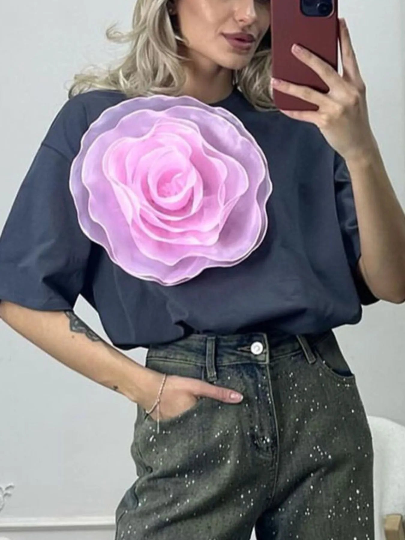 Flower Round Neck Short Sleeve T-Shirt - Lookzlike