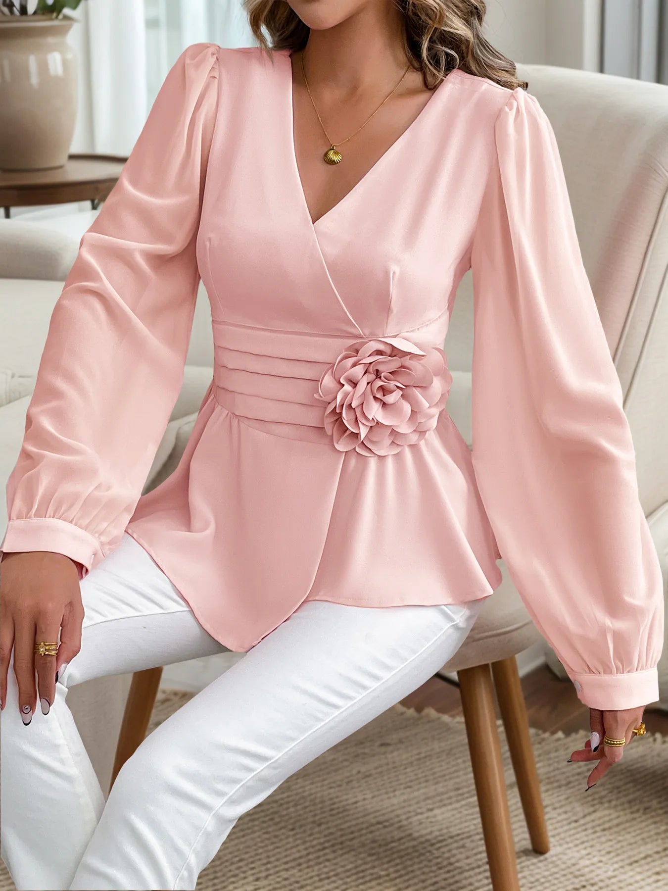Flower Surplice Long Sleeve Blouse - Lookzlike