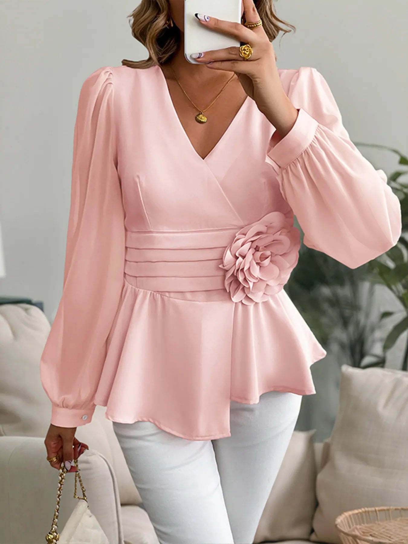Flower Surplice Long Sleeve Blouse - Lookzlike