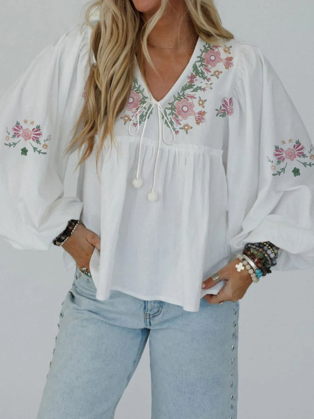 Flower V Neck Babydoll Blouse - Lookzlike