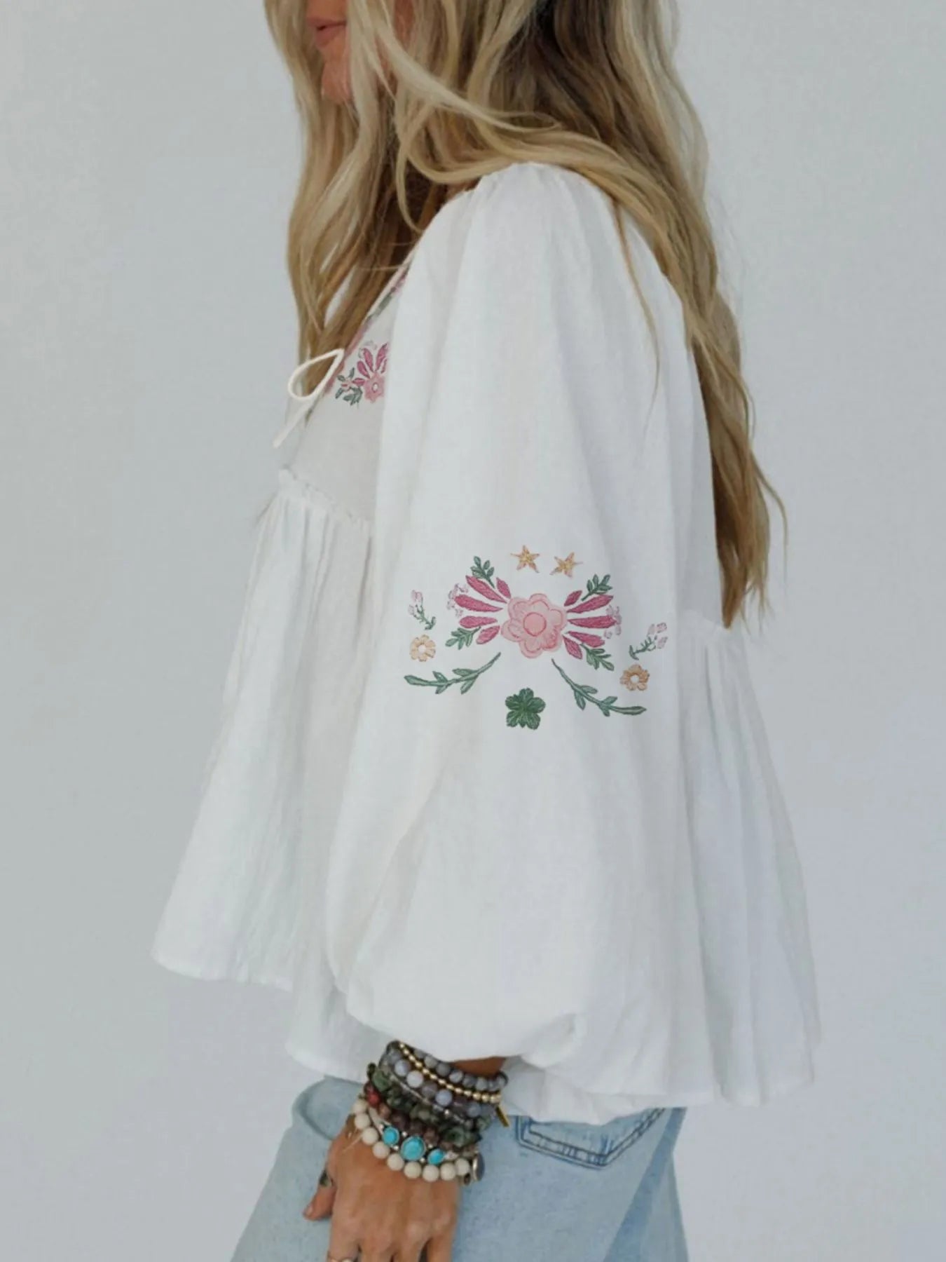 Flower V Neck Babydoll Blouse - Lookzlike