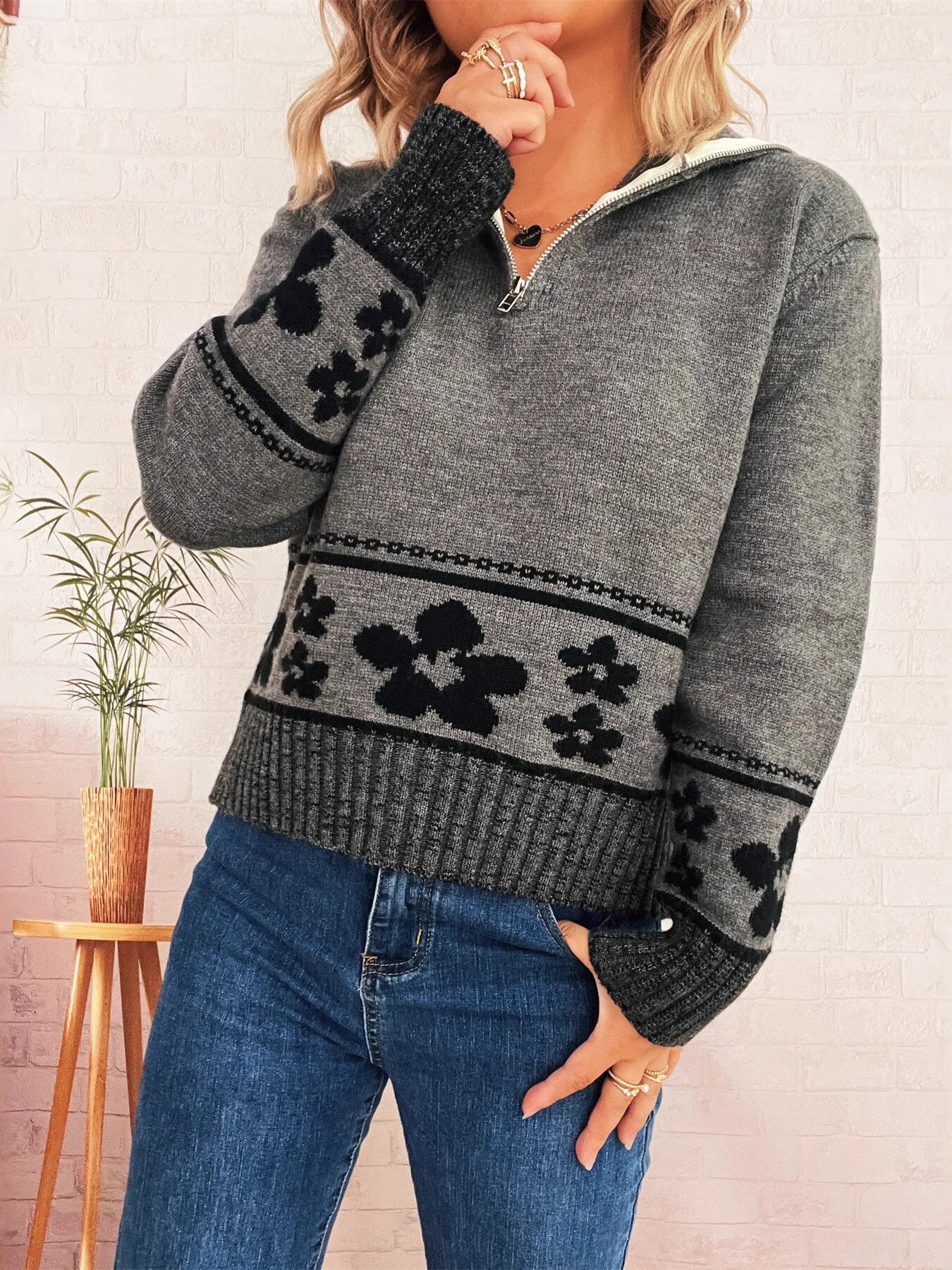 Flower Zip Collar Long Sleeve Sweater designed for comfort and style at Lookzlike