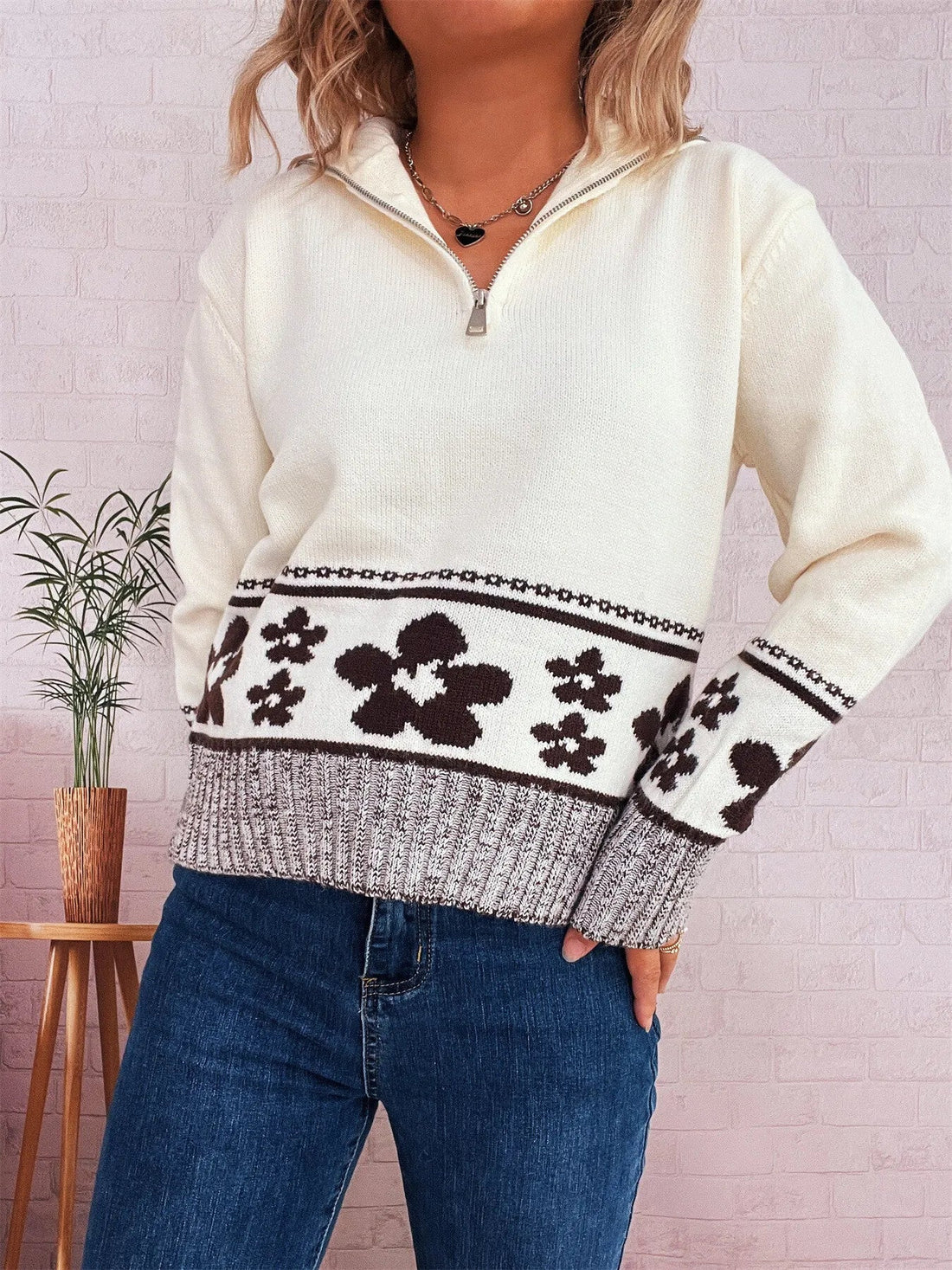 Flower Zip Collar Long Sleeve Sweater designed for comfort and style at Lookzlike