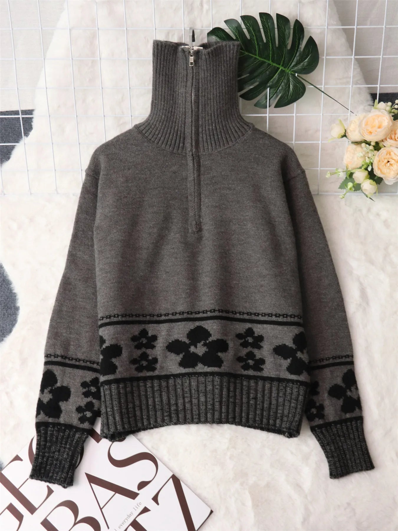Flower Zip Collar Long Sleeve Sweater designed for comfort and style at Lookzlike