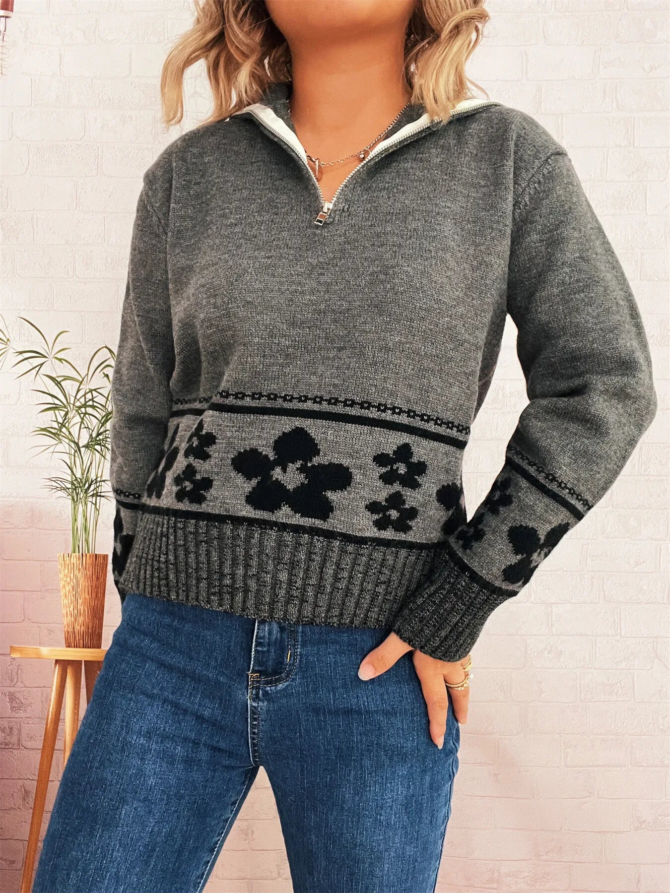 Flower Zip Collar Long Sleeve Sweater designed for comfort and style at Lookzlike