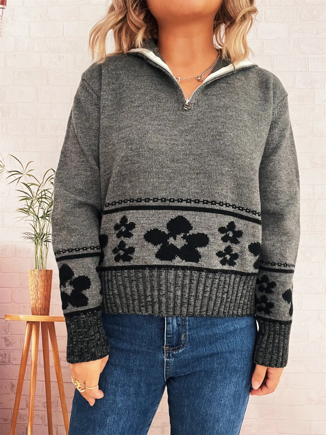 Flower Zip Collar Long Sleeve Sweater designed for comfort and style at Lookzlike