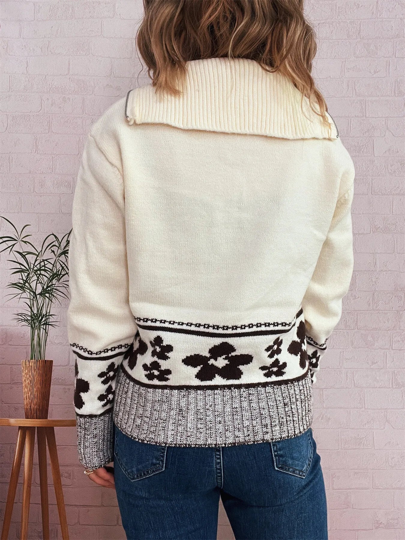 Flower Zip Collar Long Sleeve Sweater designed for comfort and style at Lookzlike