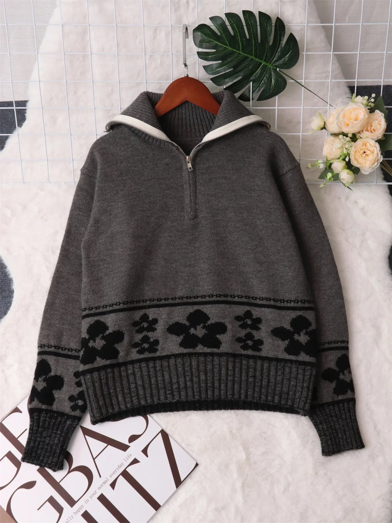 Flower Zip Collar Long Sleeve Sweater designed for comfort and style at Lookzlike