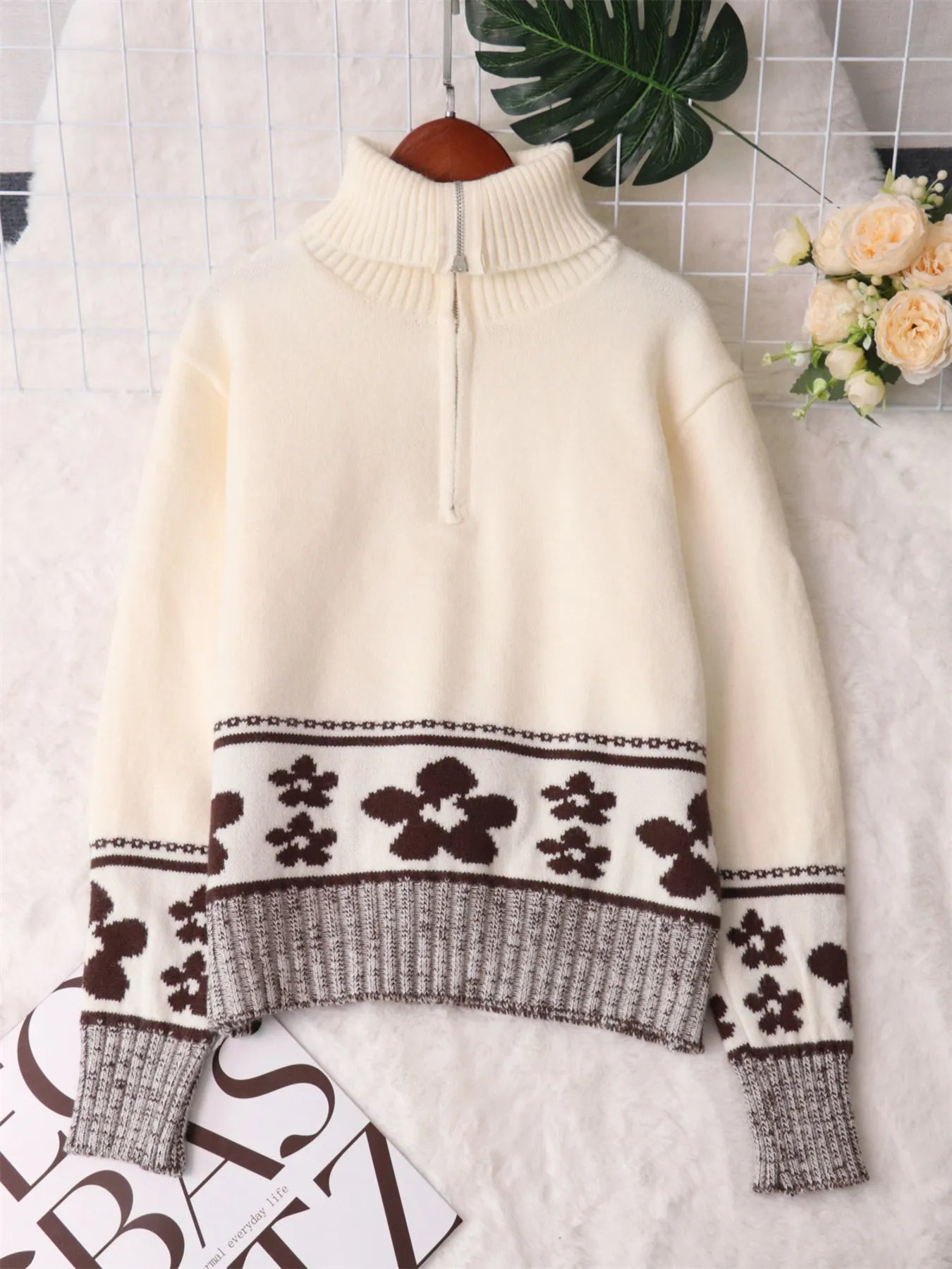 Flower Zip Collar Long Sleeve Sweater designed for comfort and style at Lookzlike