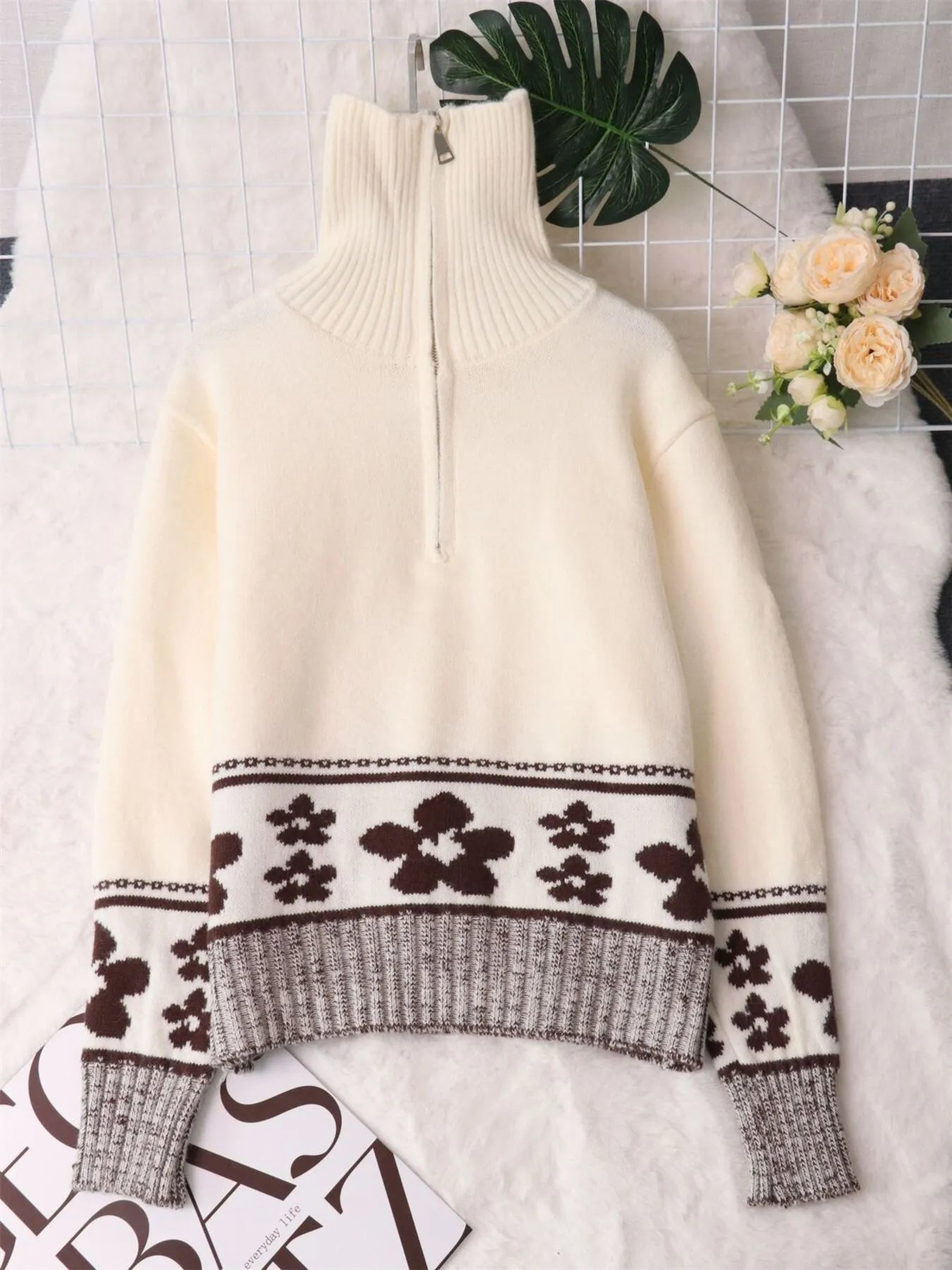 Flower Zip Collar Long Sleeve Sweater designed for comfort and style at Lookzlike