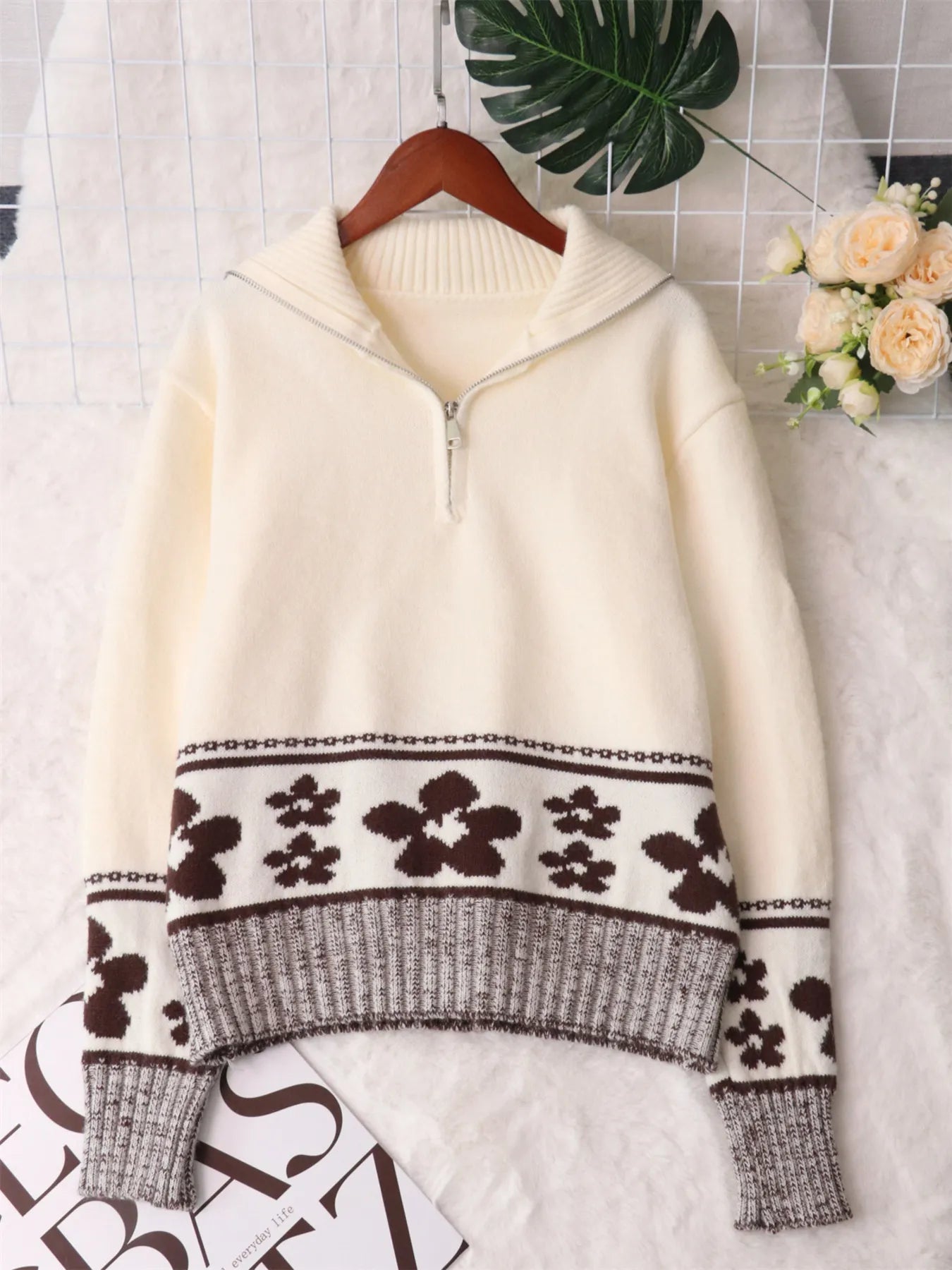 Flower Zip Collar Long Sleeve Sweater designed for comfort and style at Lookzlike