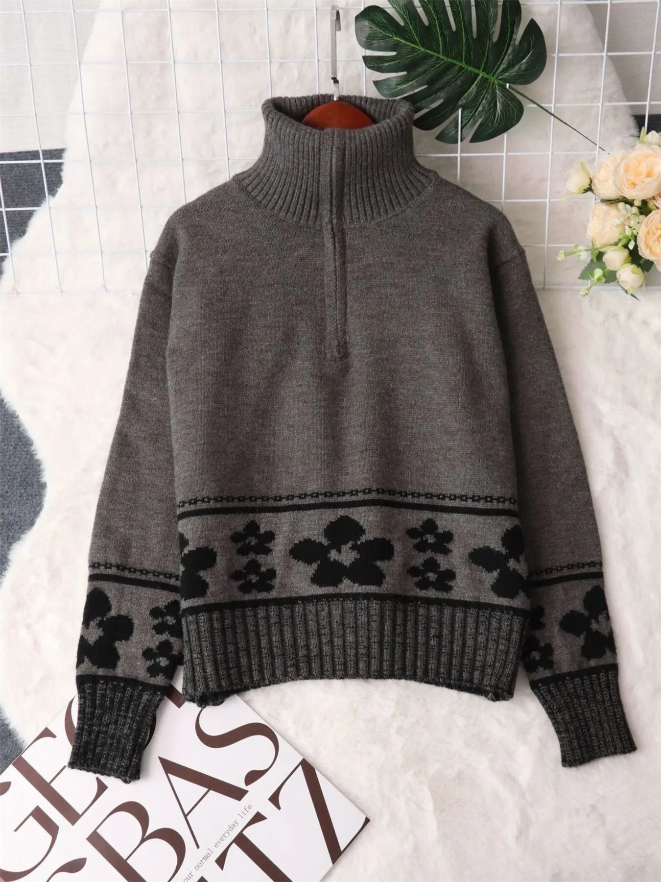 Flower Zip Collar Long Sleeve Sweater designed for comfort and style at Lookzlike