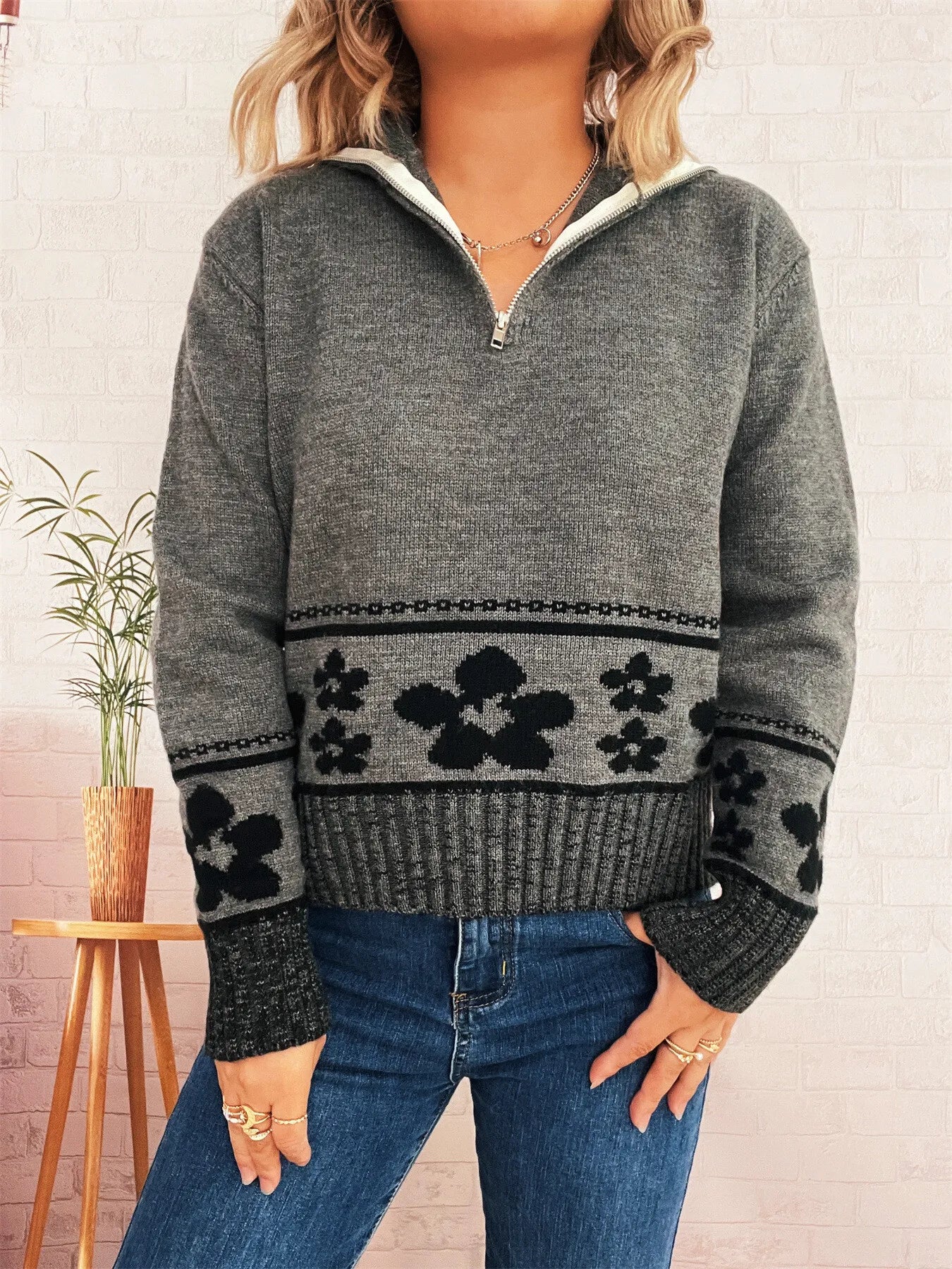 Flower Zip Collar Long Sleeve Sweater designed for comfort and style at Lookzlike