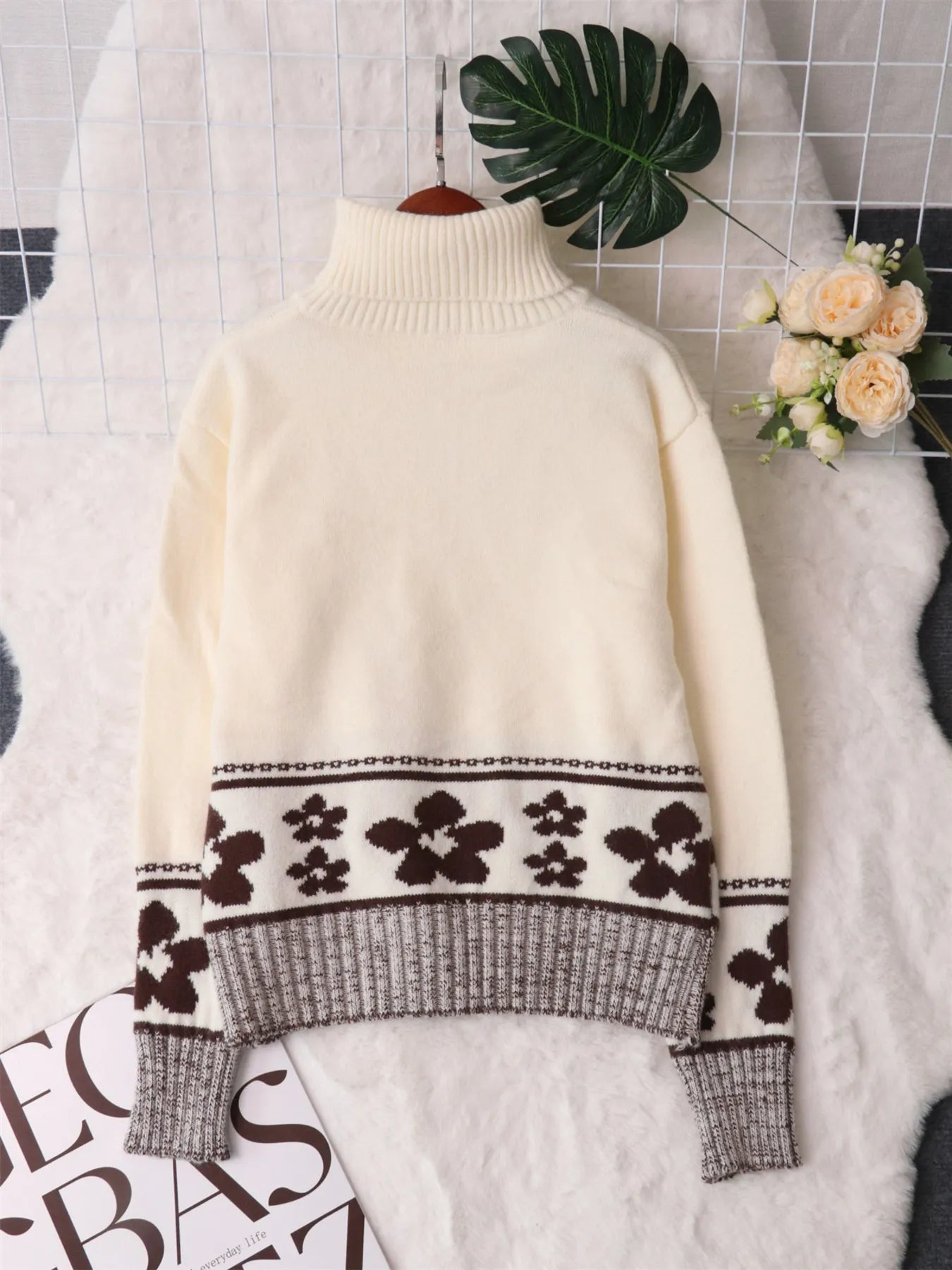 Flower Zip Collar Long Sleeve Sweater designed for comfort and style at Lookzlike