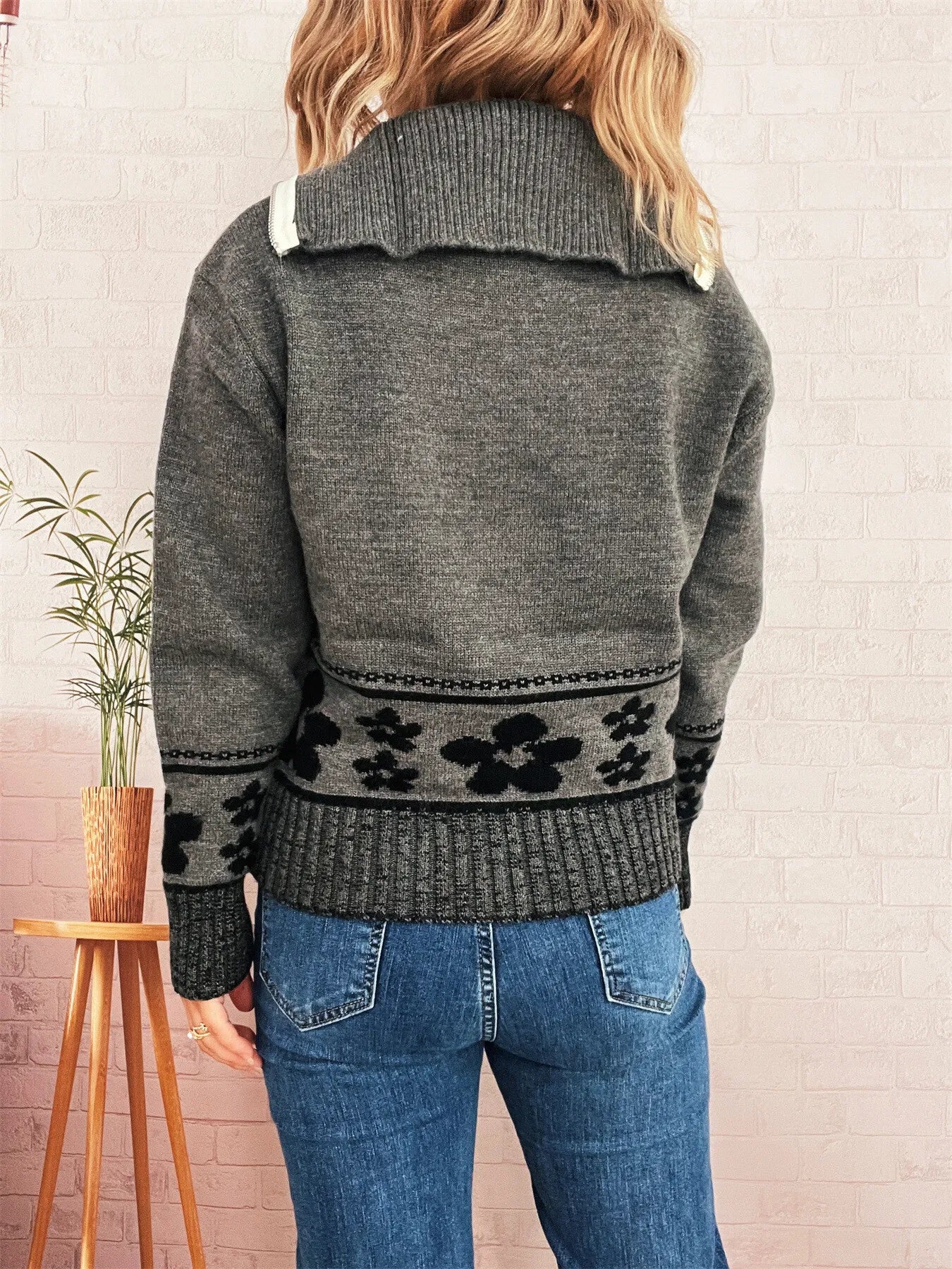 Flower Zip Collar Long Sleeve Sweater designed for comfort and style at Lookzlike