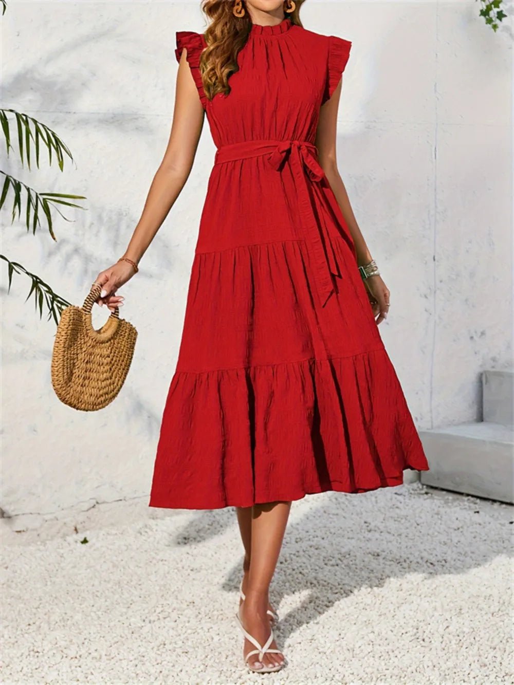Frill Mock Neck Ruffled Cap Sleeve Midi Dress - Lookzlike