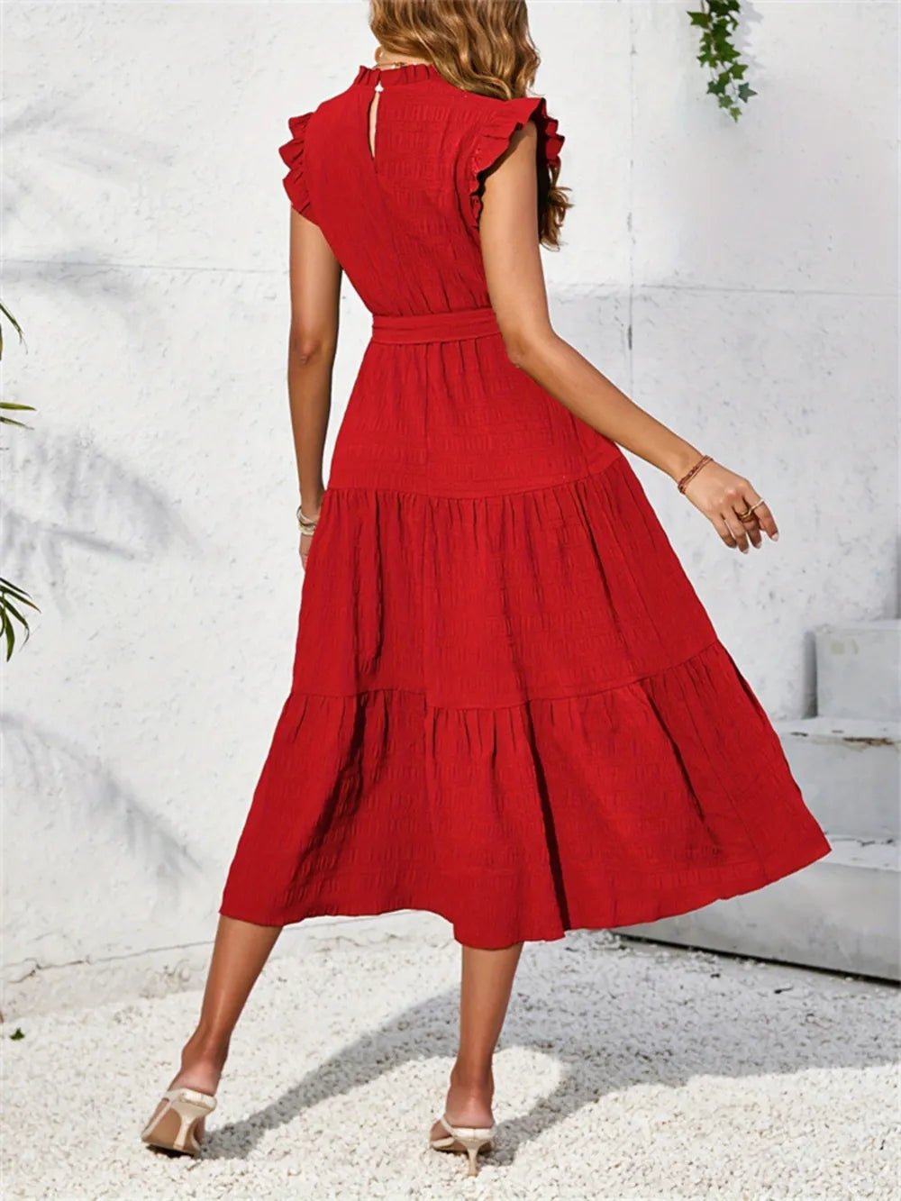 Frill Mock Neck Ruffled Cap Sleeve Midi Dress - Lookzlike