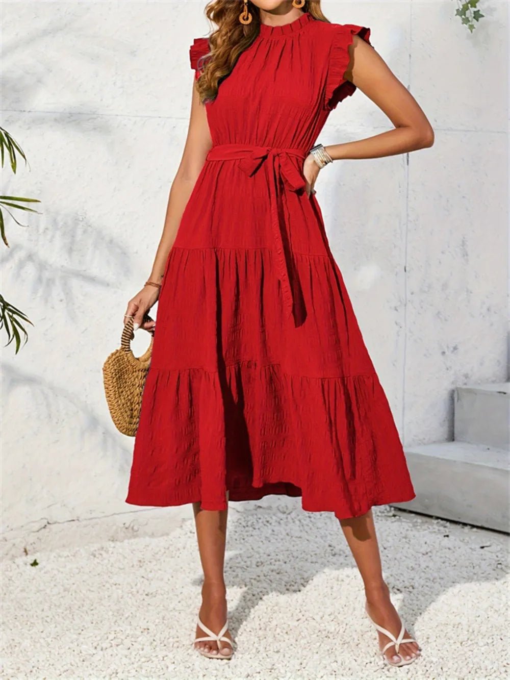 Frill Mock Neck Ruffled Cap Sleeve Midi Dress - Lookzlike