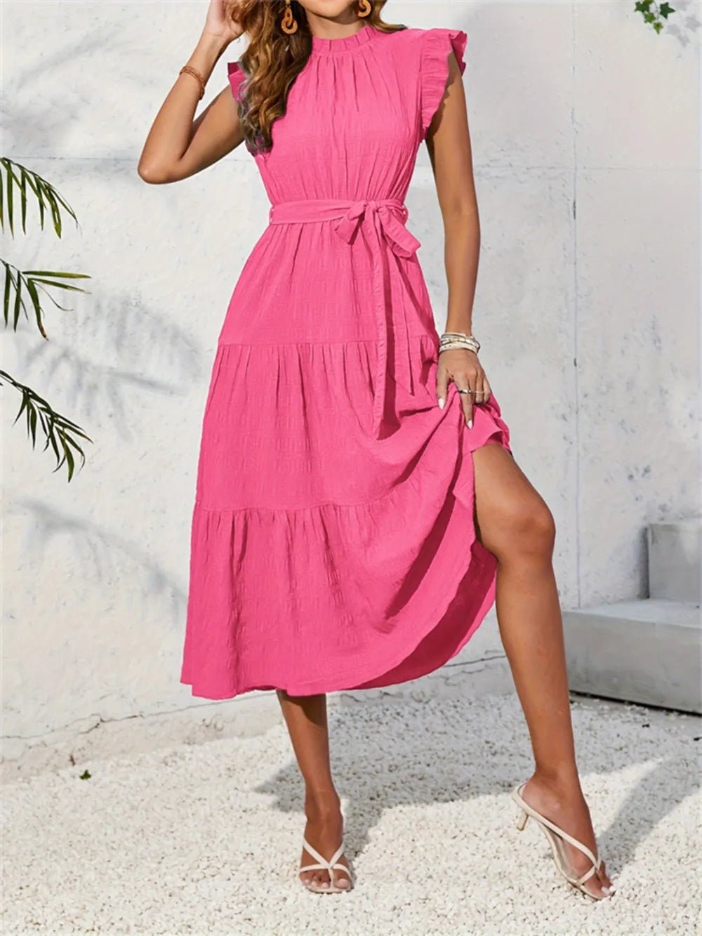 Frill Mock Neck Ruffled Cap Sleeve Midi Dress - Lookzlike