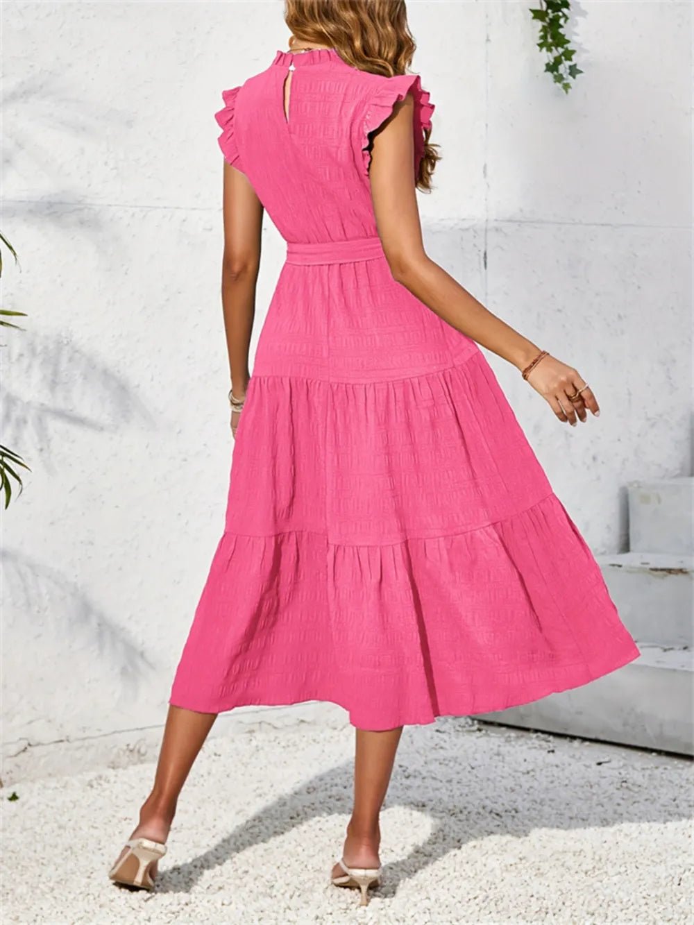Frill Mock Neck Ruffled Cap Sleeve Midi Dress - Lookzlike
