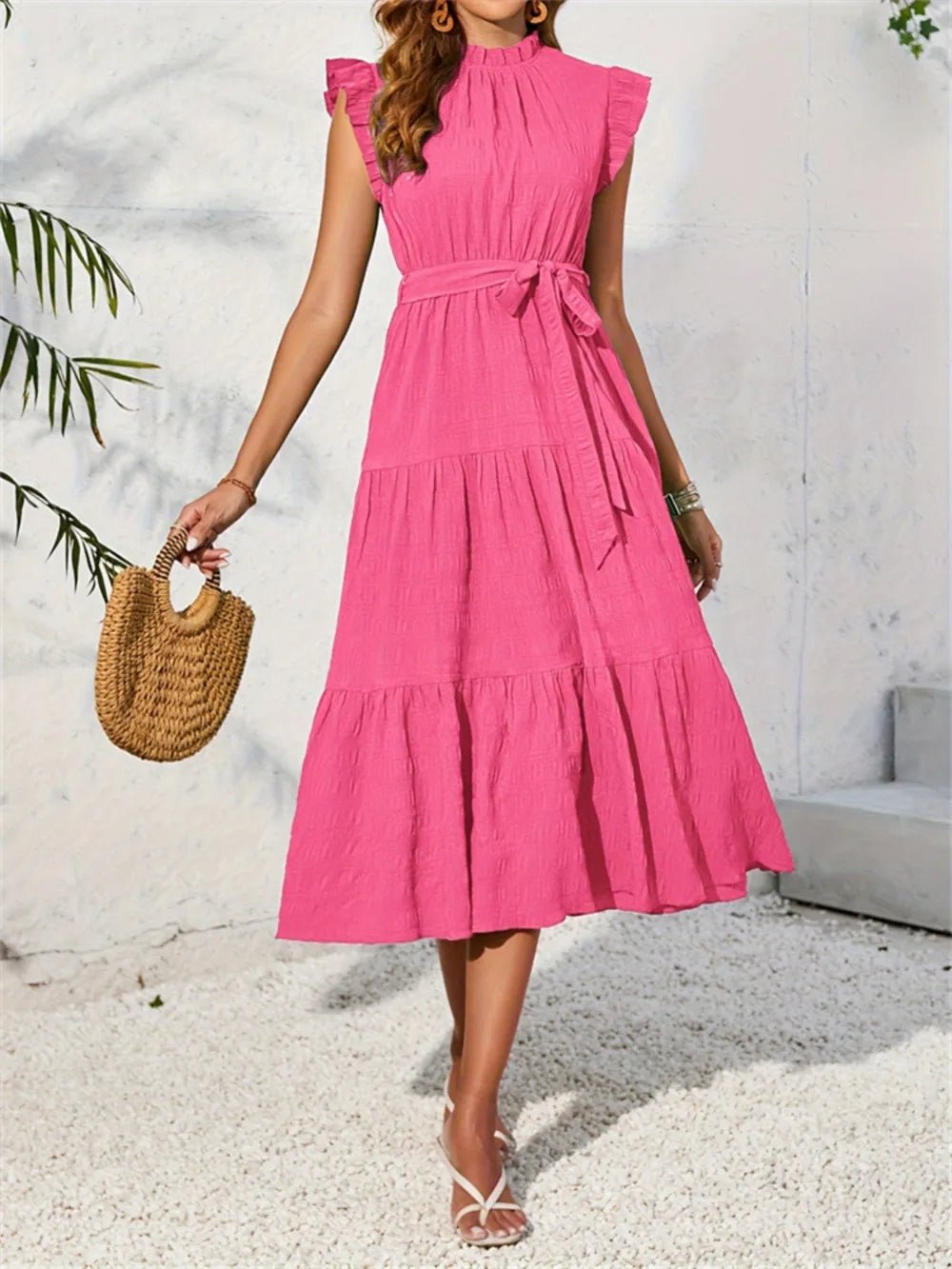 Frill Mock Neck Ruffled Cap Sleeve Midi Dress - Lookzlike